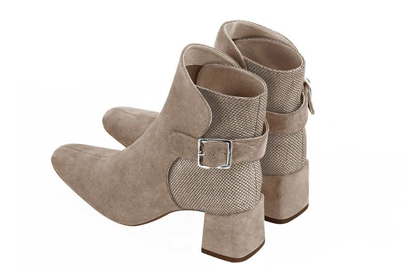 Tan beige women's ankle boots with buckles at the back. Square toe. Medium block heels. Rear view - Florence KOOIJMAN